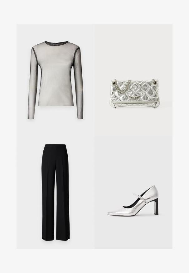 Garā piedurkņu, caurspīdīga pelēka blūze ar apaļu kakla izgriezumu, kurai apkaklē un plecos ir melni akmeņu akcenti, gluda tekstūra.; Melni platleği bikses ar gludu tekstūru, ar augstu jostasvietu un centrālajām krokām. Nav redzamu rakstu vai aparatūras detaļu.; Sudraba augstpapēžu Mary Jane kurpe ar smailu purngalu un plānu regulējamu siksnu, izstādīta uz baltā fona.; Sudraba metāla rokas soma ar ķēdes rokturi, piedāvā baudāmu struktūru, dekoratīvo šuvju un rāvējslēdzēju aizdari. Priekšpusē ir reljefa akcenti.