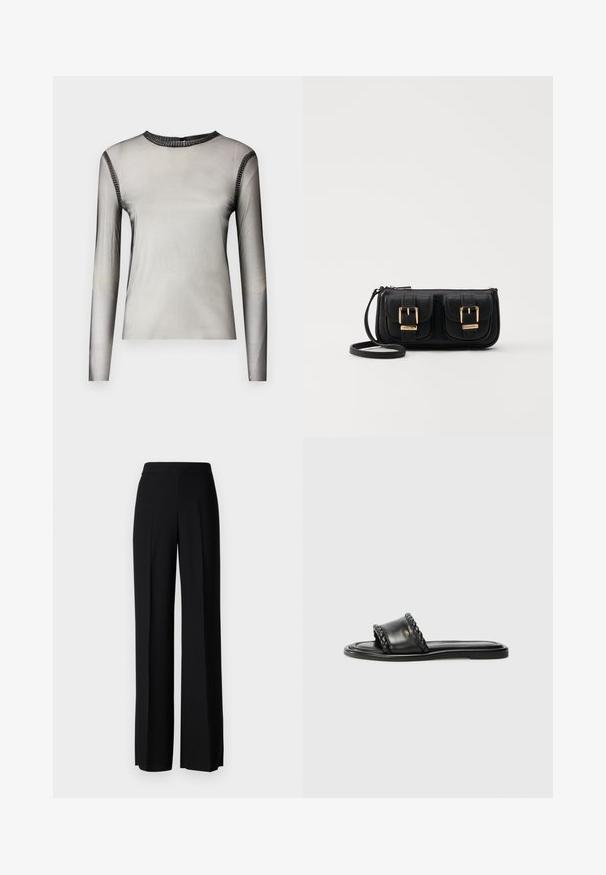 Long-sleeved, sheer gray top with a round neckline, featuring black stone accents along the collar and shoulders, smooth texture.; Black wide-leg trousers with a smooth texture, featuring a high waistband and center pleats. No visible patterns or hardware details.; Black leather sandal with a woven strap detail, flat sole, and a sleek design. Smooth texture and minimalistic profile.; Black leather crossbody bag with two front pockets, gold buckles, zipper closure, and a slim strap. Textured surface and compact rectangular shape.