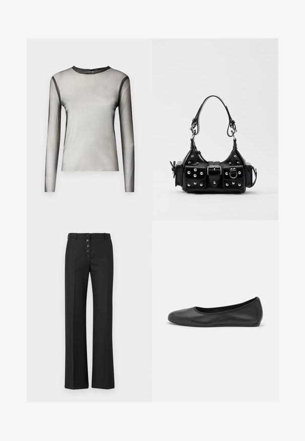 Dlhé rukávy, priesvitný šedý top s okrúhlym výstrihom, s čiernymi kamennými akcentmi pozdĺž goliera a ramien, hladká textúra.; The Kooples PANTALON - Nohavice - black; Čierne kožené baleríny s okrúhlou špičkou, hladkým povrchom, minimálnym prešívaním a flexibilným dizajnom podrážky.; Čierna kožená kabelka s zakriveným dizajnom, doplnená striebornými cvočkami, prackou a dvoma bočnými vreckami. Nastaviteľný popruh poskytuje rôzne možnosti nosenia.