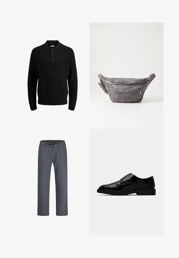 Črn pleten pulover s polo ovratnikom, zapenjanjem na tri gumbe, rebrastimi manšetami in robom. Teksturno blago z ohlapnim krojem.; Sive, elastične hlače z gumico in vezalko. Ravnina noge, izdelane iz gladkega materiala, imajo minimalne šive in brez vidne strojne opreme.; Črne usnjene oblečne čevlje z gladko površino, okroglim nosom, zavezovanjem in diskretnim gumijastim podplatom za oprijem.; Sivkasta zamšasta torbica s okroglo obliko, dvema žepoma na zadrgo in nastavljivim trakom. Ima kovinske dodatke.