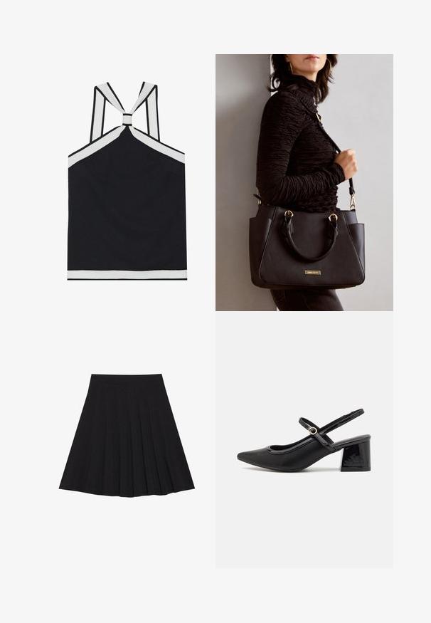 Crni top na majicu bez rukava s bijelim detaljima, s čvorastim dizajnom na leđima, teksturiranom završnom obradom i prilagođenim siluetom. Jednostavno i moderno.; Crna plisirana suknja izrađena od teksturiranog materijala s uskim strukom. Pada do koljena, a ima glatku, čistu siluetu.; Crne lakirane slingback visoke potpetice s šiljastim vrhom, zaobljenim izrezom i blok potpeticom. Sadrži akcent zlatnog tona s kopčom.; Crna torba s teksturiranom površinom, dvostrukim gornjim ručkama i podesivom remenom za rame. Ima zlatne metalne detalje i bočne džepove.