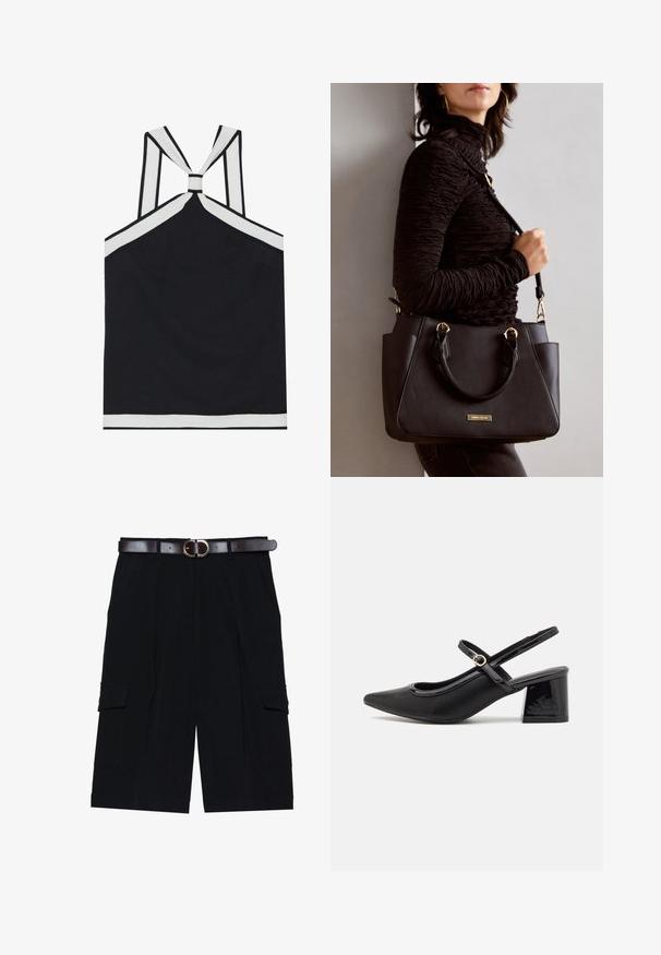 Sort halterneck top med hvide accenter, der har et knyttet rygdesign, en struktureret overflade og en tætsiddende silhuet. Enkel og moderne.; Sorte cargo shorts lavet af letvægtsstof, med lige snit, sidelommer og et brunt læderbælte med en sølvspænde.; Sorte patentlæder slingback hæle med spids tå, rund udskæring og blokhæl. Har en guldtonet spændeaccents.; Sort håndtaske med struktureret overflade, dobbelt topbærere og justerbar skulderrem. Udstyret med guldfarvet metalhardware og sidelommer.