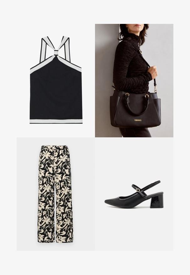 Sort halterneck top med hvide accenter, der har et knyttet rygdesign, en struktureret overflade og en tætsiddende silhuet. Enkel og moderne.; Sorte vide bukser med et mønster af cremefarvede blomster. Lavet af letvægtsstof, som har en glat tekstur og en høj talje.; Sorte patentlæder slingback hæle med spids tå, rund udskæring og blokhæl. Har en guldtonet spændeaccents.; Sort håndtaske med struktureret overflade, dobbelt topbærere og justerbar skulderrem. Udstyret med guldfarvet metalhardware og sidelommer.