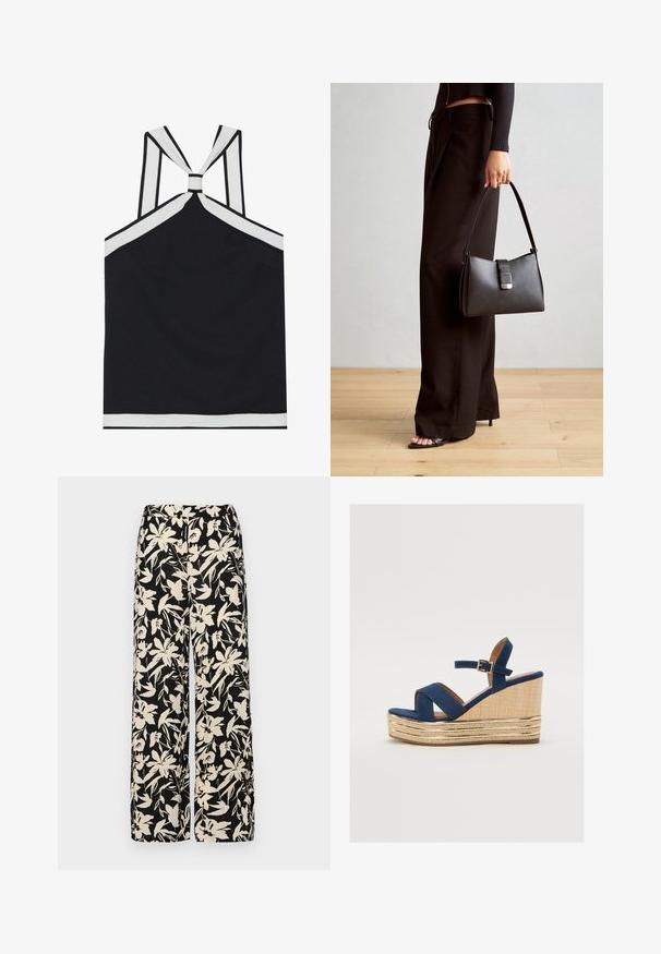 Černý halter top s bílými akcenty, s uzlovým designem na zádech, texturovaným povrchem a přiléhavou siluetou. Jednoduchý a moderní.; Černé kalhoty s širokými nohavicemi a krémovým květinovým vzorem. Vyrobené z lehké tkaniny, s hladkým povrchem a vysokým pasem.; Námořnické modré sandály na vyšším podpatku s kříženými pásky, texturovanou platformou z přírodních vláken a zlatým metalickým akcentem na spodní části.; Černá kabelka se strukturovaným tvarem, hladkým povrchem a kovovým uzávěrem. Kombinována s širokými černými kalhotami a sandály s otevřenou špičkou na dřevěné podlaze.
