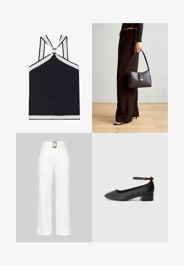 Čierny halter top s bielymi akcentmi, s uzlom na chrbte, štruktúrovaným povrchom a priliehavým strihom. Jednoduchý a moderný.; Biele široké nohavice vyrobené z bavlny. Obsahujú vysoký pás s veľkou obdĺžnikovou sponou a prešívané detaily po stranách nohavíc.; Čierne kožené lodičky s špicatou špičkou a nízkym blokovým podpätkom. Obsahuje remienok okolo členka so zlatým prackou. Hladký povrch.; Čierna kabelka so štruktúrovaným tvarom, hladkou textúrou a kovovou sponou. V kombinácii so širokými čiernymi nohavicami a sandálmi s otvorenou špičkou na drevenej podlahe.