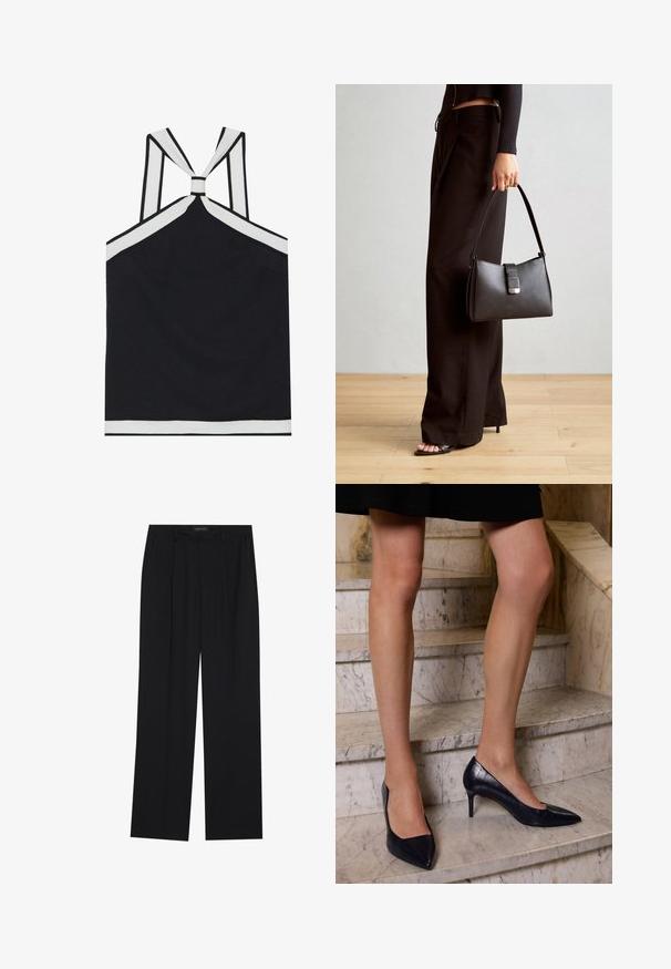 Juodas halter tipo topas su baltais akcentais, turintis mazgo dizainą nugaroje, tekstūrizuotą apdailą ir prigludusią siluetą. Paprasta ir modernaus stiliaus.; Juodos kelnes su tiesiomis sijonais, turinčios dvi priekinės kišenės ir juosmenį. Pagamintos iš lygios, lengvos medžiagos.; Tamsiai mėlynos aukštakulnės bateliai su smailiu pirštu, turi sklandų ir tekstūruotą paviršių, primenantį krokodilų odą.; Juodas rankinė struktūrizuota forma, lygi tekstūra ir metalinis užsegimas. Suporuota su plačiomis juodomis kelnėmis ir atvirais bateliais ant medinių grindų.
