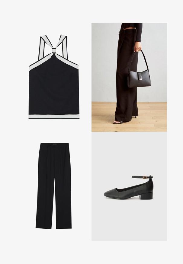 Top nero con scollo all'americana e accenti bianchi, caratterizzato da un design a nodo sul retro, una finitura testurizzata e una silhouette aderente. Semplice e moderno.; Pantaloni neri con un design a gamba dritta, dotati di due tasche frontali e di una vita. Realizzati in un tessuto morbido e leggero.; Pump in pelle nera con punta affusolata e tacco basso a blocco. Presenta una cinghia alla caviglia con una fibbia in tonalità oro. Texture liscia.; Borsa nera con forma strutturata, texture liscia e una chiusura metallica. Abbinata a pantaloni neri larghi e sandali open-toe su un pavimento in legno.