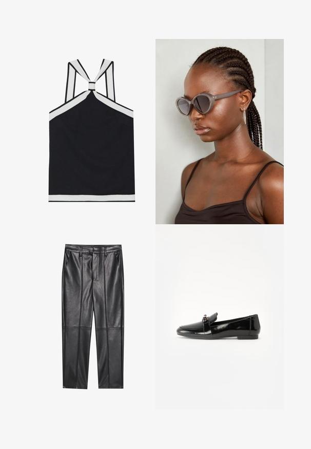 Svart halterneck-top med hvite detaljer, med en knyttet bakdesign, teksturert finish og en tettsittende silhuett. Enkel og moderne.; Sorte lærbukser med en glat tekstur, der har en lige pasform, to forlommer og synlige sømdetaljer.; Svart lakkert lærloafer med flat såle, rund tå og en dekorativ rem med gulltonet akzent. Glatt, blank overflate.; Grå, overdimensjonerte solbriller med rund form og mørke linser. Slank plastikkramme med glatt overflate. Modellen har flette.