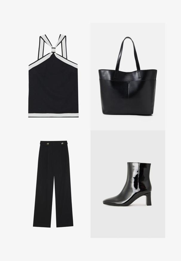 Top nero con scollo all'americana e accenti bianchi, caratterizzato da un design a nodo sul retro, una finitura testurizzata e una silhouette aderente. Semplice e moderno.; Pantaloni neri a gamba larga con vita alta, dettagli con bottoni in vita e pieghe frontali.; Stivaletto in pelle verniciata nera con punta a punta e tacco a blocco di altezza media. Texture liscia e design minimalista.; Borsa a tracolla in pelle nera con due manici lunghi, una texture liscia e una forma strutturata. Presenta una tasca frontale per ulteriore spazio di archiviazione.