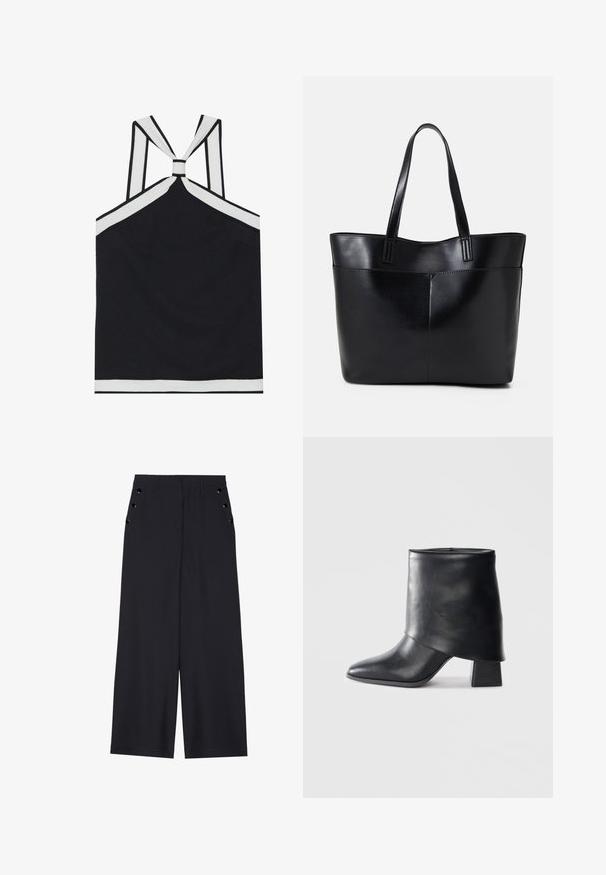 Melnā halter tops ar baltām akcentiem, ar mezglu aizmugurē, teksturētu apdari un pieguļošu siluetu. Vienkārša un moderna.; Platīsara bikses tumši zilā audumā, kurām ir gluda tekstūra, priekšējie kroki un dekoratīvi zeltaini acs pie sānu kabatām.; Melnas ādas potītes zābaki ar norādītu purngalu, gludu tekstūru un strukturētu blokveida papēdi. Iezīmē augstu, salocītu apkakles dizainu.; Melnas ādas iepirkumu soma ar divām garām rokturām, gludu tekstūru un strukturētu formu. Iekļauj priekšējo kabatu papildu uzglabāšanai.