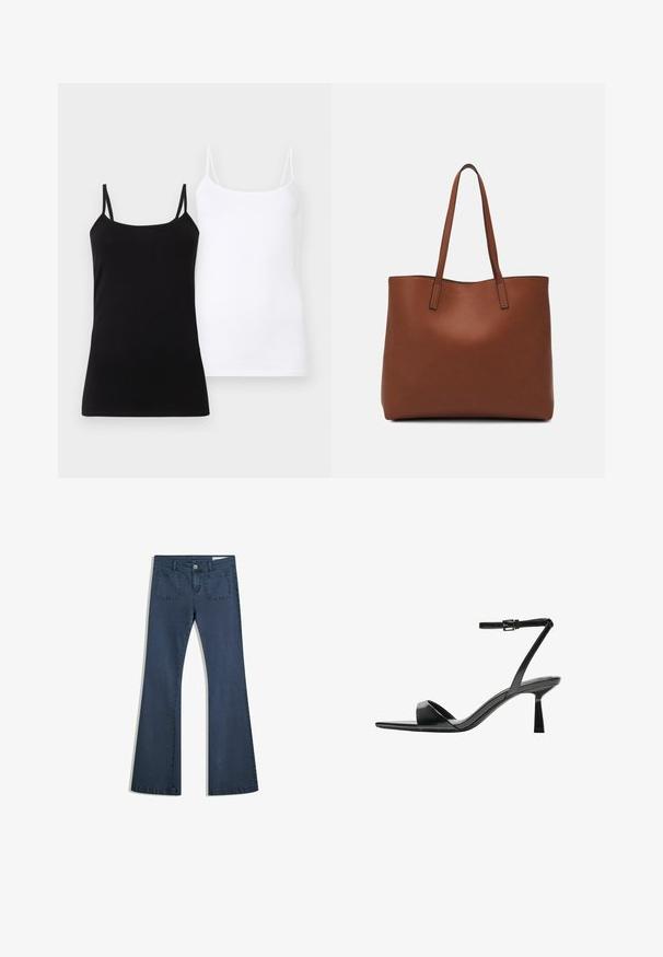 Black and white women's spaghetti strap camisoles displayed side by side on a white background.; Dark blue flared denim jeans with stitched pockets, a button closure, and a smooth texture. Features a classic five-pocket design.; Bershka High heeled sandals - black; Brown leather tote bag with a smooth texture, open top design, and two shoulder straps. Features minimal stitching and no visible hardware.