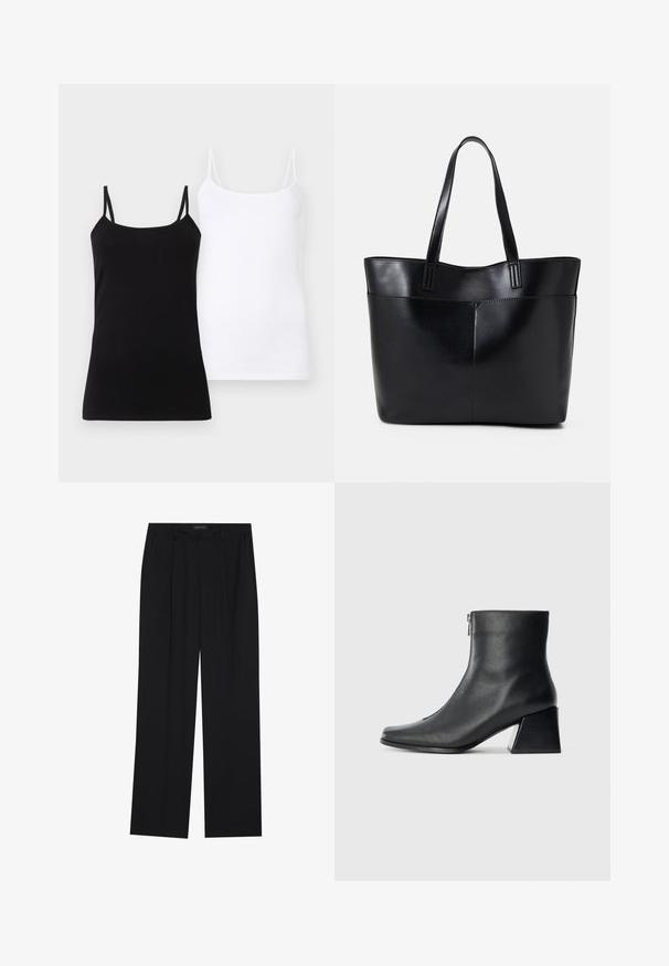 Schwarz-weiße Damen-Spaghetti-Trägertops, die nebeneinander auf einem weißen Hintergrund präsentiert werden.; Schwarze Hose mit geradem Bein, ausgestattet mit zwei frontalen Taschen und einem Taillenbund. Hergestellt aus einem glatten, leichten Stoff.; Schwarze Lederstiefelette mit quadrater Zehenform, seitlichem Reißverschluss und Blockabsatz vor einem schlichten hellen Hintergrund.; Schwarze Leder-Shopper-Tasche mit zwei langen Griffen, einer glatten Textur und einer strukturierten Form. Verfügt über eine Vordertasche für zusätzlichen Stauraum.