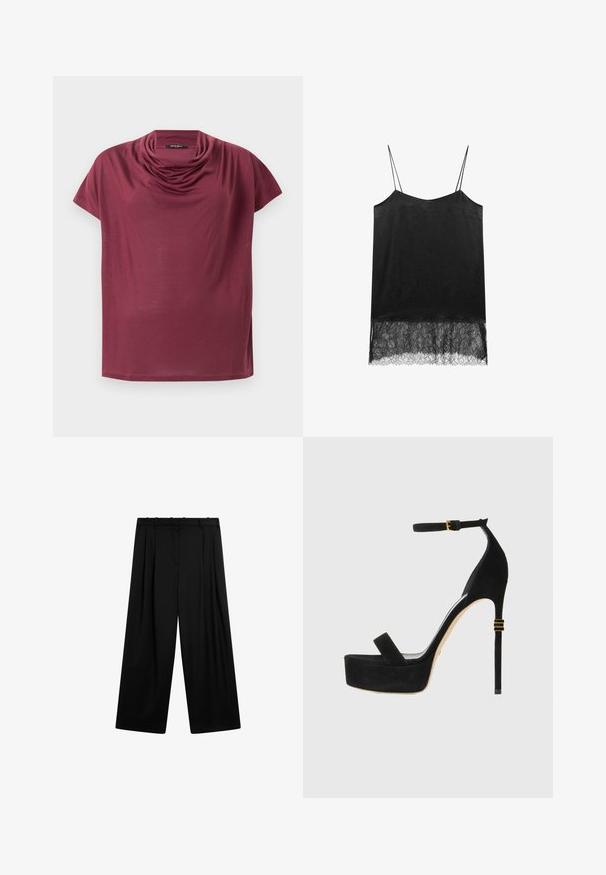 Kortærmet maroon skjorte med en draperet halshals, vist fladt på en hvid baggrund.; Sort camisole med tynde stropper, med et struktureret stof og en blondekantdetail. Glat overflade på toppen, intrikate blonde mønster i bunden.; Massimo Dutti DARTED - Bukser - black; Sorte ruskind højhælede platform-sandaler med ankelrem og guldfarvede hardware-detaljer. Har en rund tå og stiletto-hæl.