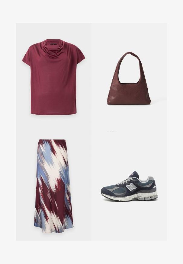 Camisa de manga corta color marrón burdeos con un cuello drapeado, mostrada plana sobre un fondo blanco.; Larga falda con un patrón de tie-dye diagonal en burdeos, azul y crema, hecha de tela suave con una silueta fluida y un ligero brillo.; Zapatillas New Balance con un upper de malla y ante en color marino, acentos grises, logo blanco, suela acolchada y detalles texturizados.; Bolso de mano de cuero burdeos con forma triangular, apertura en la parte superior y detalle trenzado en el asa. Textura suave con un acabado mate.