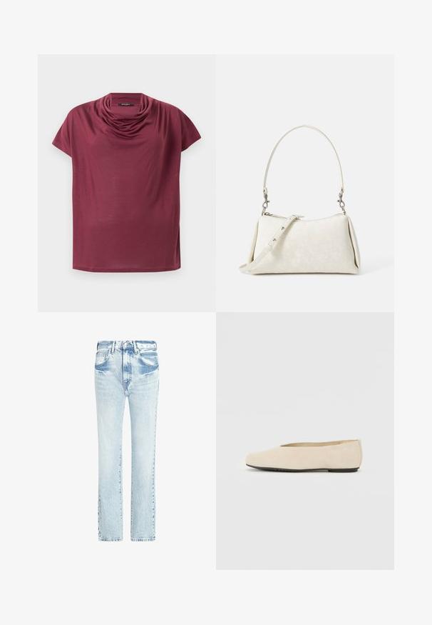 Kratka rukava vijolična majica z drapiranim ovratnikom, prikazana na ravni beli podlagi.; Svijetloplave traperice ravnog kroja, s pet džepova i izbljeđenom teksturom. Imaju vidljive šavove i klasično kopčanje na dugme.; Bež sueded baletne balerinke z zaobljenim prstom, ravnim podplatom in minimalnim dizajnom. Gladka tekstura brez vidnih kovinskih delov ali okrasnih elementov.; Bela torbica iz usnjene teksture, s kovatno silhueto in nastavljivim naramnicam. Ima subtilen vzorec logotipa in srebrne okrasne detajle.