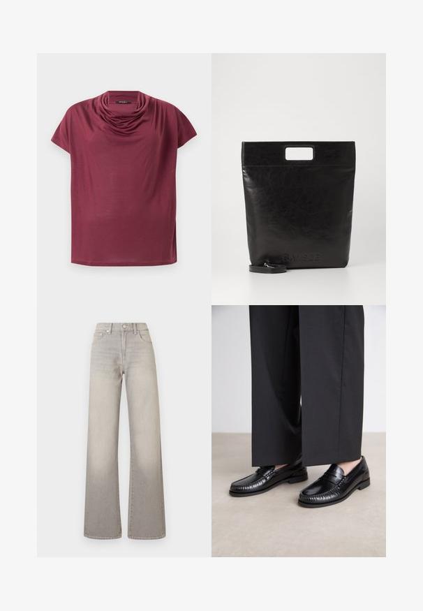 Maglietta rossa a maniche corte con scollo drappeggiato, presentata piatta su uno sfondo bianco.; Jeans grigi larghi con finitura sbiadita, chiusura con bottone, design a cinque tasche e cuciture decorative lungo le cuciture.; Mocassini in pelle nera con una finitura liscia, dettagli cuciti attorno alla punta e suola in gomma bassa. Abbinati a pantaloni neri larghi.; Borsa tote in pelle nera con manico quadrato, caratterizzata da una finitura testurizzata e logo impresso. Include una tracolla rimovibile.