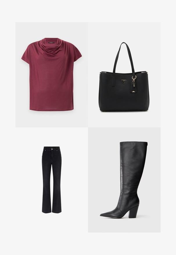 Kortærmet maroon skjorte med en draperet halshals, vist fladt på en hvid baggrund.; Sorte denim flared jeans med høj talje, fem-lomme design og metalknap detaljer på siderne. Glat tekstur og klassisk pasform.; Sort læderknehøj støvle med spids tå og kraftig høj hæl, vist i venstre sideprofil på hvid baggrund.; Sort totebag lavet af struktureret syntetisk materiale, med to håndtag, en guldlogo-plade og et lille mærke med en accentdetalje.