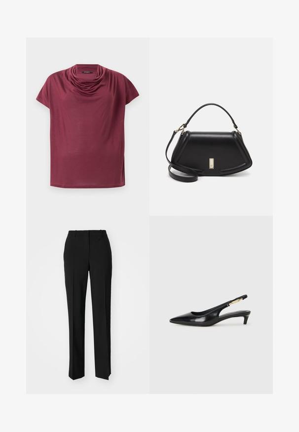 Lühikeste varrukatega marooni värvi särk, millel on voogav kaelus, esitletud tasapinnal valgel taustal.; Mustad ja sirged püksid, millel on sile tekstuur ja teravad voldid esiosas. Ilma nähtavate detailideta.; Mustad nahast slingback kontsad terava ninaga, millel on õhuke konts ja kuldse tooni aktsent reguleeritaval rihmal. Sile tekstuur.; Must mustrist käekott, millel on struktureeritud disain, lühendatud kuju, ülemine käepide ja kuldne metallist detail. Reguleeritav õlalihm on kaasas.