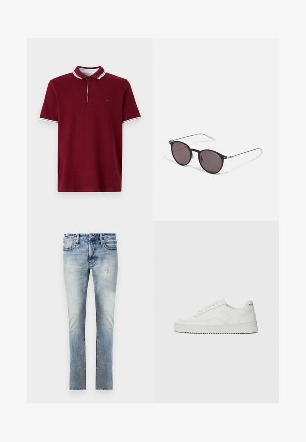 Burgundy színű pamut póló, fehér csíkkal díszített gallérral, háromgombos kivágással, rövid ujjakkal és egy kis logóval a mellen.; Világoskék farmernadrág, kopott hatással, slim fit kialakítással, öt zsebbel és eltérő színű varrással a varratoknál.; Fehér bőr sportcipő sima felülettel, kerek orral, lapos fűzőkkel és texturált talppal. Finom logó található a sarokon.; Fekete kerek napszemüveg sötét lencsékkel és karcsú fém szárakkal. Átlátszó szárvégeket és ezüst részleteket tartalmaz az ívnél. Minimalista dizájn.