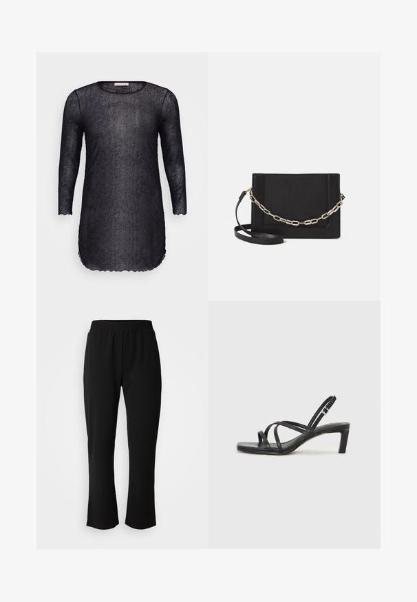 Črna prosojna tunika obleka s tremi četrtinskimi rokavi, okroglim izrezom in valovitim robom. Tekstura tkanine z diskretnim sijajem po celotni površini.; ONLY Carmakoma CARLAMA STRAIGHT - Hlače - black; Črne natikače s trakovi in kvadratnim prstom ter nizkim blokastim peto. Imajo več tankih trakov in nastavljiv trak okoli gležnja. Narejene so iz gladkega usnja.; Črna usnjena torba čez ramo z gladko teksturo, pravokotno obliko in kovinskim verižnim detajlom spredaj. Vključena je nastavljiva naramnica.; Srebrn dvojni prstan z gladko, polirano površino. Ima tekoč, ukrivljen dizajn z prekrivajočimi se sekcijami za sodoben videz.