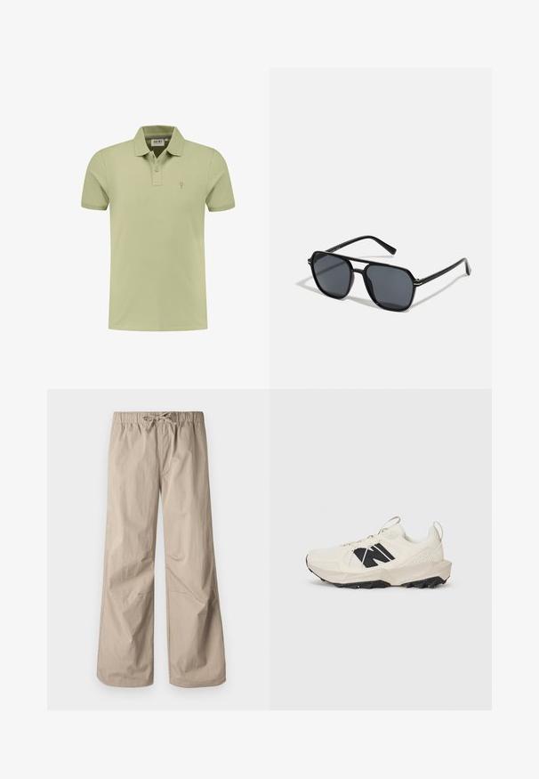 Vihreä polo-paita, joka on valmistettu puuvillasta ja jossa on kaulus, kaksi nappia ja pieni brodeerattu logo vasemmassa rinnassa.; Kermanväriset leveät housut, joissa on joustava vyötärö ja naru. Sujuva tekstuuri, kaksi sivutaskua ja minimaalinen sauma rentoa istuvuutta varten.; Vaaleanbeige sneaker, jossa on verkkokangasvaste, musta logo ja teksturoitu pohja. Korostettu geometrisella kuvioinnilla välipohjassa.; Musta aurinkolasit, joissa on oktaalinen kehys, tummat linssit, kiiltävä pinta, ohuet templesit ja kultaiset yksityiskohdat etupuolella.