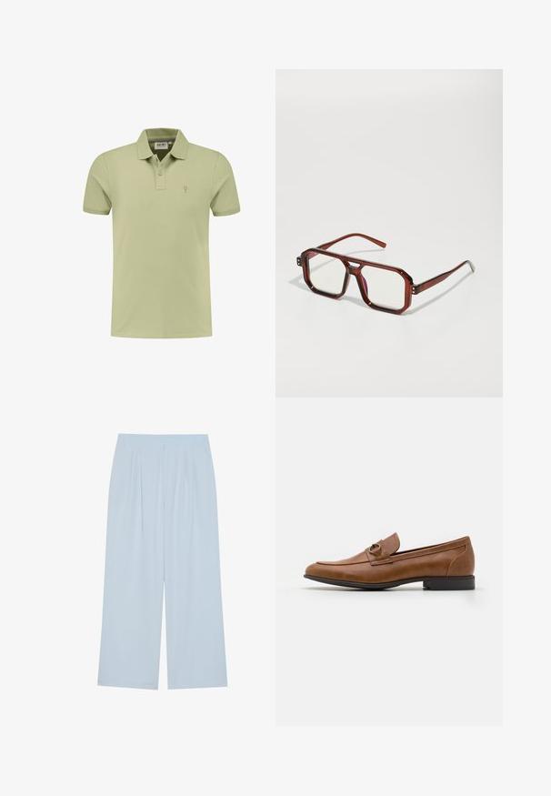 Jasnozielona koszulka polo wykonana z bawełny, z kołnierzykiem, dwoma guzikami oraz małym haftowanym logo po lewej stronie klatki piersiowej.; Jasnoniebieskie spodnie o szerokich nogawkach, wykonane z gładkiego materiału, z przodu z zakładkami i elastycznym pasem dla wygody.; Brązowe skórzane mokasyny z płaskim obcasem, z dekoracyjnym metalowym akcentem z przodu, eleganckim designem i gładką fakturą.; Brązowe, przezroczyste, oversized okulary z prostokątnymi soczewkami i smukłymi ramionami. Kąty lekko zaokrąglone, z widocznymi akcentami w postaci elementów metalowych.; Srebrny zegarek metalowy z satynową niebieską tarczą, białymi znacznikami godzin oraz wyświetlaczem daty. Posiada ogniwowy metalowy pasek i logo marki.