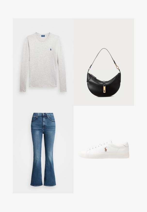 Harmaa pitkähihaisia puuvillapaitaa, jossa on pyöreä pääntie ja pieni sininen polo-logo vasemmassa rinnassa. Pehmeä, kevyt kuitu.; Korkeavyötäröiset leveälahkeiset farkut keskisinisessä denimissä, joissa on klassinen viiden taskun muotoilu ja kontrastiväriset ompeleet. Reunat ovat raakapintaiset.; Valkoiset nahkakengät, matala malli, jossa on sileä pinta, pyöreä kärki, nauhakiinnitys edessä ja pieni brodeerattu logo sivulla.; Musta nahkalaukku puolikuun muotoisena. Varustettu kultaisilla yksityiskohdilla ja kapealla hihnalla. Tasainen pinta, vetoketjukiinnitys ylhäällä.