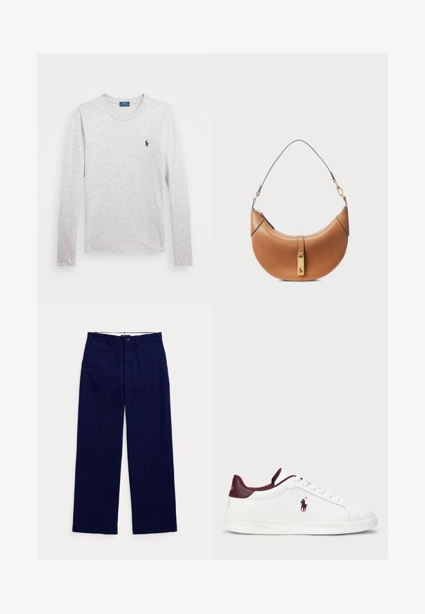 Long-sleeve gray cotton T-shirt with a crew neckline and a small blue polo logo on the left chest area. Soft, light-textured fabric.; Navy blue straight-leg trousers with belt loops, button closure, and side pockets on a plain light background.; White leather sneaker with burgundy accents, round toe, embossed logo, and flat laces. Textured sole and smooth surface detailing.; Tan leather handbag with a curved shape, gold hardware, and a thin shoulder strap. Features a zipper closure and logo detail on the front.
