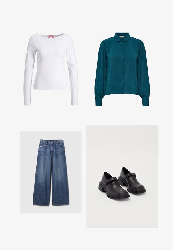 White long-sleeve top made of cotton. Features a round neckline with a ruffled edge and ruffled hemline. Simple, fitted design.; Teal blouse with a collared neckline, button front, and long sleeves. Made from textured fabric with gathered cuffs.; Wide-leg blue denim jeans with a faded finish, featuring a button and zipper closure, five pockets, and belt loops.; Black leather shoes with a rounded toe, flat sole, and a strap with a buckle detail. Chunky block heel for added stability.