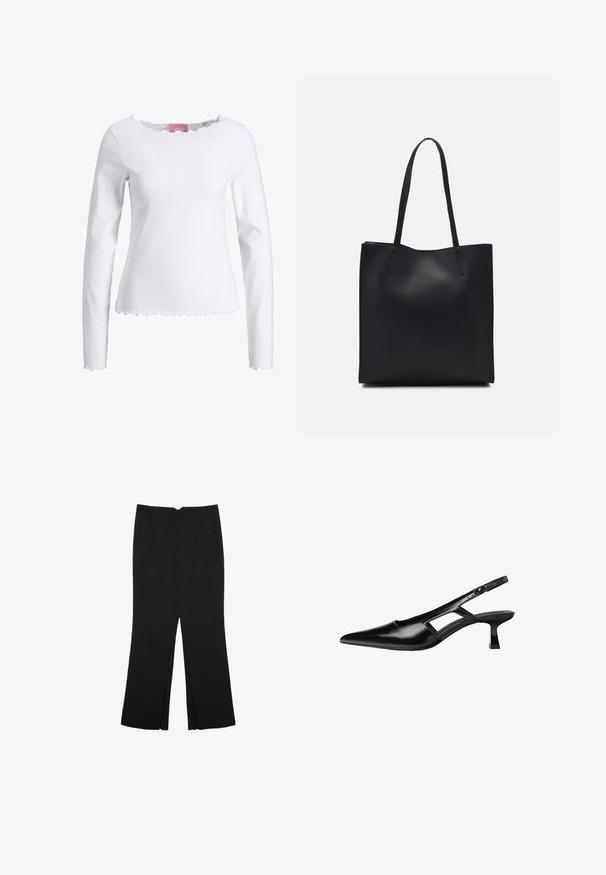 Bijela majica dugih rukava od pamuka. Ima okrugli izrez s naboranim rubom i naborani donji rub. Jednostavan, prilagođen kroj.; Crne hlače ravnog kroja, s prednjim džepovima i bočnim prorezima na rubu. Izrađene od mekog i glatkog materijala. Pogodne za razne prigode.; Crne lakirane natikače na remenčić sa špicastim nosom, dizajnom sa izrezima sa strane i malim kvadratnim potplatom. Glatka tekstura s minimalnim akcentima.; Crna kožna torba za nošenje s glatkom teksturom, pravokutnim oblikom i dvije duge ručke. Nema vidljivih metalnih dijelova ili ukrasa.