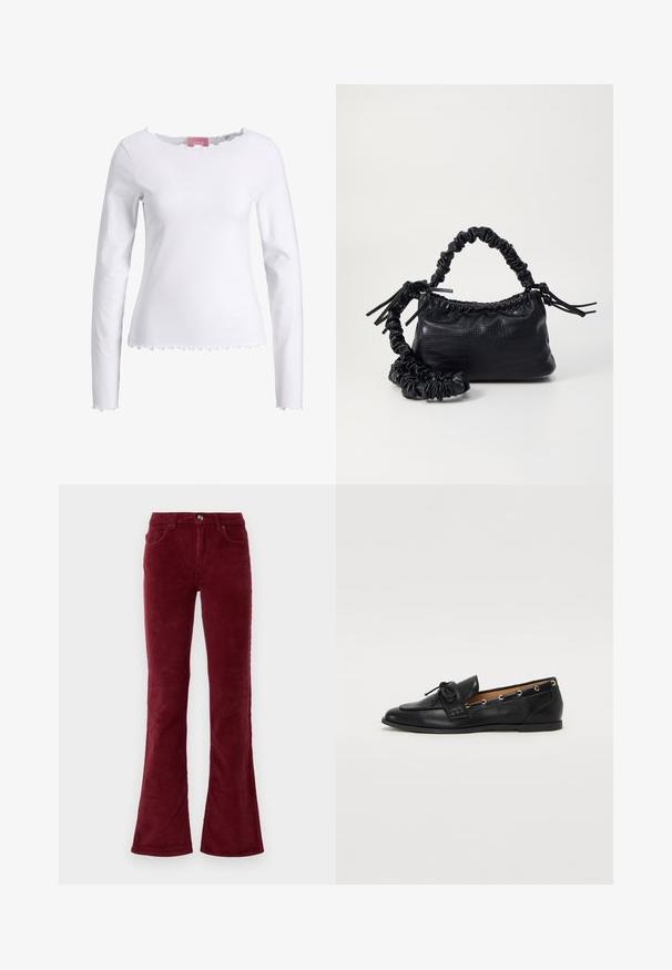 Fehér, hosszú ujjú, pamut felső. Kerek nyakkivágással rendelkezik, fodros szélekkel és fodros aljjal. Egyszerű, testhez álló dizájn.; Burgundi kordbársony, trapéz szabású nadrág elöl zsebekkel, övbújtatókkal és gombzárral, sima fehér háttér előtt.; Fekete bőr lófarok cipők, megkötött masnival, arany szemcsés díszítéssel az oldalán és lapos gumitalppal. Simaság, klasszikus dizájn.; Fekete műbőr kézi táska krokodil bőr textúrával, összehúzható tetejű és gyűrt pánttal. Lágy és kompakt dizájnúnak tűnik.