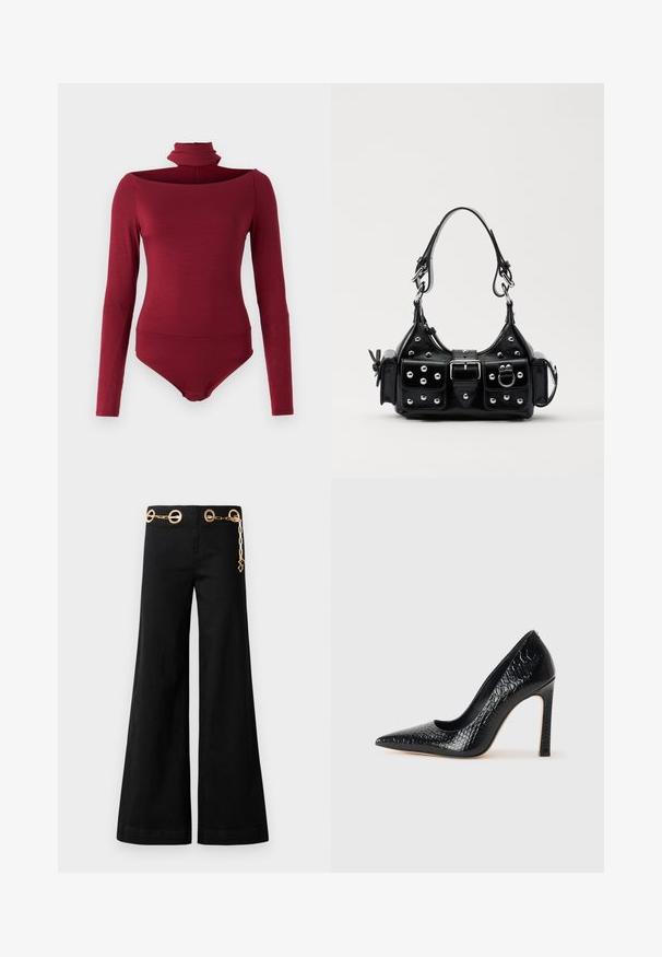 Bodijs ar garām piedurknēm, augstu apkakli un bezsniega dizainu vienkrāsainā bordo krāsā. Izgatavots no mīksta, elastīga auduma.; Melni platajā kājas bikses, izgatavotas no kokvilnas, ar zelta apaļo furnitūru un ķēdes detaļu jostasvietā. Gluda tekstūra, tīrs griezums.; Melni augstpapēžu apavi ar norādītu purngalu, ar krokodila ādas tekstūru, izceļoties ar elegantu dizainu, augstu stiletto papēdi un gludu melnu interjeru.; Melnas ādas rokturmais ar izliekumu, ar sudraba iedurtiem, sprādzi un divām sānu kabatām. Regulējams siksniņas garums dažādām nēsāšanas iespējām.