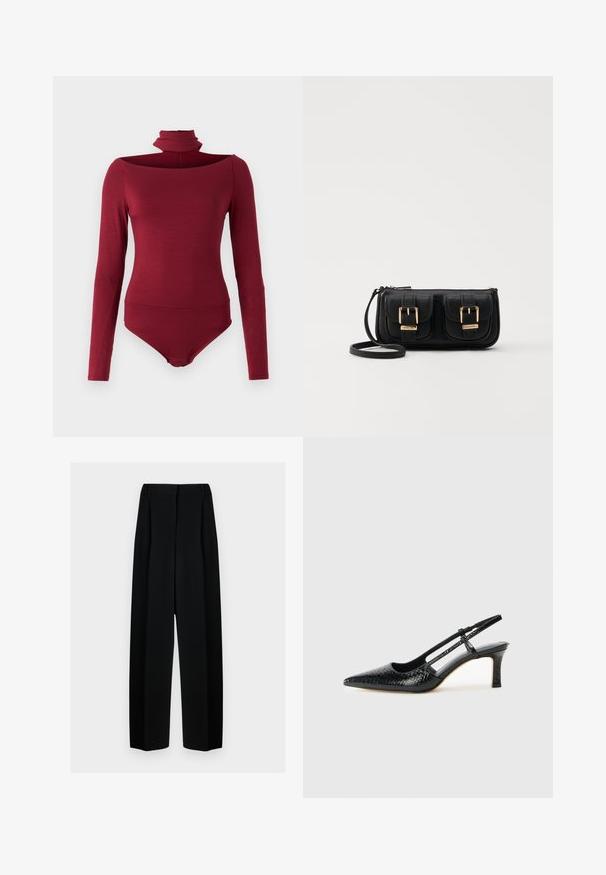 Bodysuit with long sleeves, high collar, and an off-shoulder design in a solid burgundy color. Made from a soft, stretchy fabric.; Black wide-leg trousers with a high waist, featuring pleats and a smooth texture. The fabric appears lightweight and drapes elegantly.; Black patent slingback heel with a pointed toe, featuring textured snake print, adjustable strap, and a short, textured block heel.; Black leather crossbody bag with two front pockets, gold buckles, zipper closure, and a slim strap. Textured surface and compact rectangular shape.