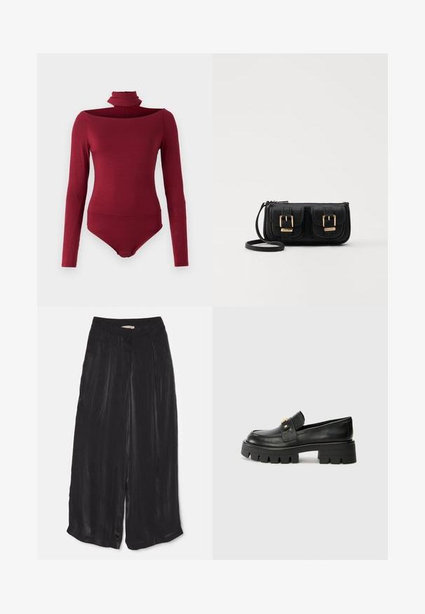 Bodysuit with long sleeves, high collar, and an off-shoulder design in a solid burgundy color. Made from a soft, stretchy fabric.; Black wide-leg trousers made of smooth satin fabric, featuring a high waistband, front pleats, and a cropped length with side slits.; Black leather loafers with a chunky sole, featuring a gold-tone accent on the front and a smooth finish. Chunky tread design on the sole.; Black leather crossbody bag with two front pockets, gold buckles, zipper closure, and a slim strap. Textured surface and compact rectangular shape.