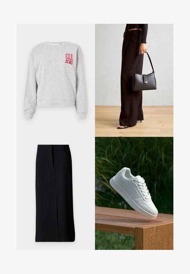 Grå hettegenser med lange ermer, rund hals og ribbestrikkede mansjetter; har røde broderte "01" og "ICHI" på venstre bryst.; Svart lang skjørt laget av stoff med en glatt tekstur. Har en splitt foran og to sidelommer. Klassisk design med en tettsittende midje.; Hvite sneakers med en glatt syntetisk overdel, perforert tåboks, flate snørebånd og en teksturert såle, vist på en treflate.; Svart håndveske med strukturert form, jevn tekstur og metallisk lås. Kombinert med brede svarte bukser og sandaler med åpen tå på tregulv.