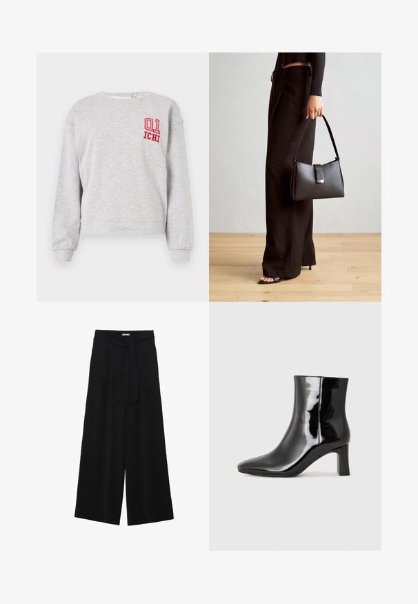 Sivá mikina s dlhými rukávmi, kulatým výstrihom a rebrovanými manžetami; na ľavej strane hrude sa nachádza červený vyšívaný "01" a "ICHI".; Čierne široké nohavice s textúrovanou tkaninou, elastickým pásom a odnímateľným viazaním na páse pre nastaviteľné priliehanie.; Čierne lakované členkové topánky s špicatou špičkou a stredne vysokým blokovým podpätkom. Hladká textúra a minimalistický dizajn.; Čierna kabelka so štruktúrovaným tvarom, hladkou textúrou a kovovou sponou. V kombinácii so širokými čiernymi nohavicami a sandálmi s otvorenou špičkou na drevenej podlahe.