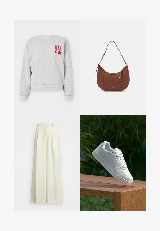 Gray sweatshirt with long sleeves, crew neck, and ribbed cuffs; features red embroidered "01" and "ICHI" on the left chest.; Wide-leg trousers in off-white fabric, featuring a high waist, double pleats, and a button closure. Smooth texture and tailored design.; White sneaker with a smooth synthetic upper, perforated toe box, flat laces, and a textured sole, displayed on a wooden surface.; Brown faux leather shoulder bag with curved shape, minimal stitching, and a gold-tone hardware accent. Features a top zipper closure and adjustable strap.