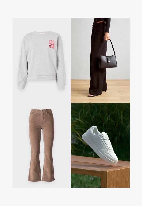 Szürke pulóver hosszú ujjakkal, kerek nyakkal és bordás mandzsettával; bal mellrészen vörös hímzett "01" és "ICHI" felirat található.; Barna kordbársonyos harangszárú nadrág, bordás textúrával, magas derekú fazonban, öt zsebbel és elülső gombos záródással.; Fehér sportcipő sima szintetikus felsőrésszel, perforált lábujjrész, lapos fűzőkkel és texturált talppal, fából készült felületen kihelyezve.; Fekete kézi táska strukturált formával, sima textúrával és fémből készült záródással. Széles fekete nadrággal és nyitott orrú szandállal párosítva, fából készült padlón.