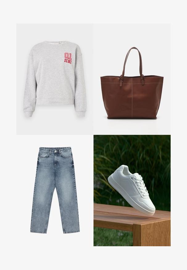 Szary sweter z długimi rękawami, okrągłym dekoltem i prążkowanymi mankietami; posiada wyhaftowane na lewej piersi czerwone "01" oraz "ICHI".; Jasnoniebieskie dżinsy z prostymi nogawkami, widocznym przeszyciem, pięcioma kieszeniami oraz zapięciem na guzik w talii.; Biały sneaker z gładką syntetyczną cholewą, perforowanym noskiem, płaskimi sznurowadłami i teksturowaną podeszwą, wyeksponowany na drewnianej powierzchni.; Brązowa skórzana torba na ramię z podwójnymi uchwytami, charakteryzująca się kontrastowym przeszyciem i przestronnym designem, idealna do codziennego użytku.
