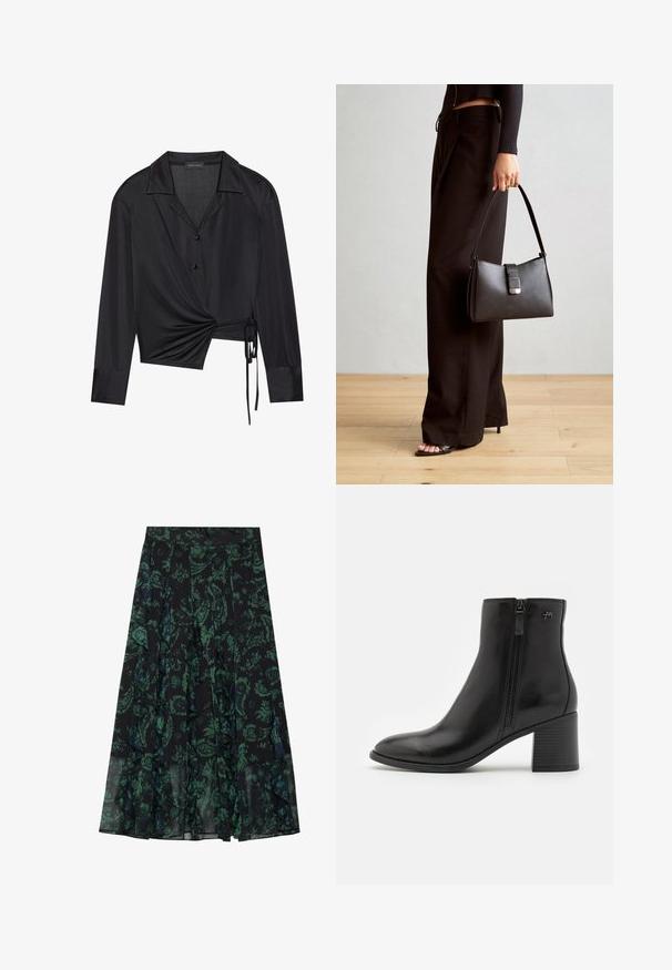 Svart innpakningsbluse med lange ermer, kragesnipp og vridd detalj foran. Laget av glatt stoff med en lett gjennomsiktig tekstur.; Svart skjørt med grønt blomsterdesign, med volanger og folder. Laget av lett stoff, som gir en flytende silhuett.; Sorte ankelstøvler laget av glatt lær med glidelås på siden. Har spiss tå og en teksturert blokkhels for stabilitet.; Svart håndveske med strukturert form, jevn tekstur og metallisk lås. Kombinert med brede svarte bukser og sandaler med åpen tå på tregulv.