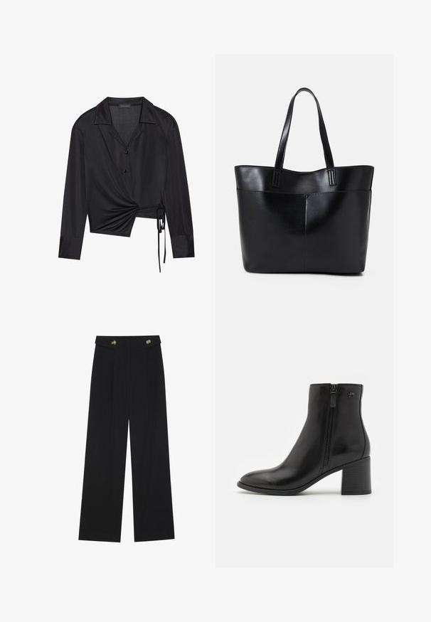 Schwarze Wickelbluse mit langen Ärmeln, Kragen-Hals Ausschnitt und Vorderseite mit Twist-Detail. Hergestellt aus glattem Stoff mit einer leicht durchscheinenden Textur.; Schwarze weite Hosen mit hoher Taille, Knopfdetails am Bund und vorderen Falten.; Schwarze Knöchelstiefel aus glattem Leder mit einem seitlichen Reißverschluss. Sie verfügen über eine spitze Schuhspitze und einen strukturierten Blockabsatz für Stabilität.; Schwarze Leder-Shopper-Tasche mit zwei langen Griffen, einer glatten Textur und einer strukturierten Form. Verfügt über eine Vordertasche für zusätzlichen Stauraum.