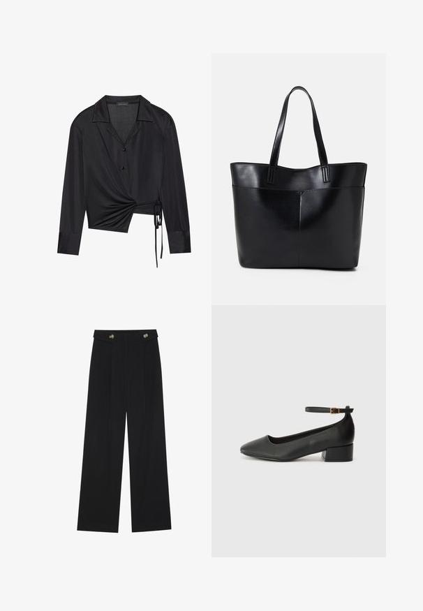 Schwarze Wickelbluse mit langen Ärmeln, Kragen-Hals Ausschnitt und Vorderseite mit Twist-Detail. Hergestellt aus glattem Stoff mit einer leicht durchscheinenden Textur.; Schwarze weite Hosen mit hoher Taille, Knopfdetails am Bund und vorderen Falten.; Schwarze Lederpumps mit spitzem Zehenbereich und niedrigem Blockabsatz. Mit einem Knöchelriemen und einer goldfarbenen Schnalle. Glatte Textur.; Schwarze Leder-Shopper-Tasche mit zwei langen Griffen, einer glatten Textur und einer strukturierten Form. Verfügt über eine Vordertasche für zusätzlichen Stauraum.