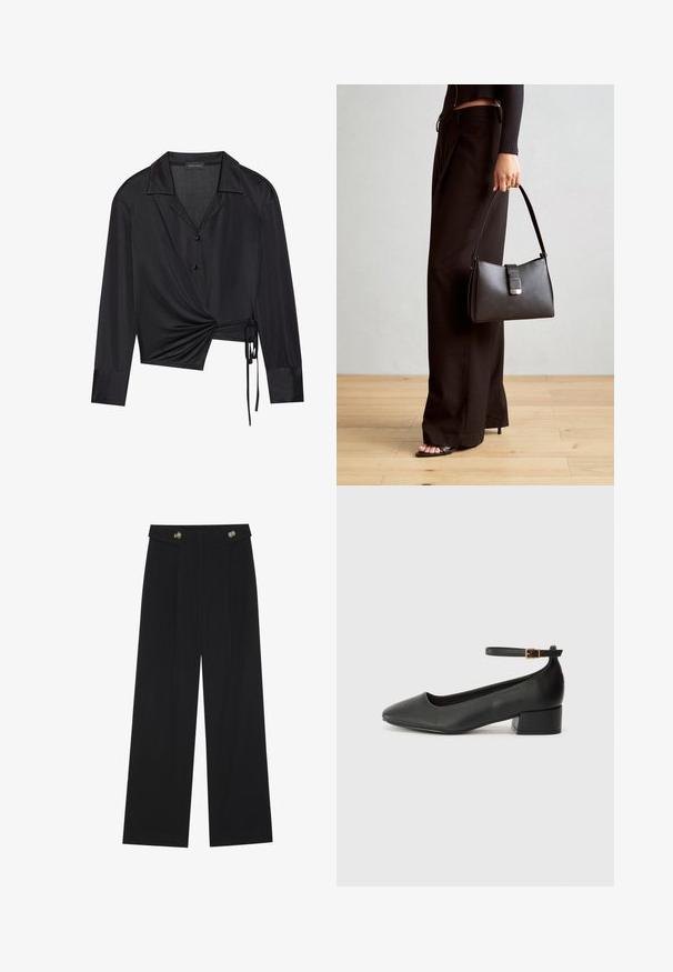 Zwarte wikkelblouse met lange mouwen, kraag en een voorkant met twistdetail. Gemaakt van een gladde stof met een licht doorzichtig textuur.; Zwarte wijde broek met hoge taille, knoopdetails op de tailleband en plooien aan de voorkant.; Zwarte leren pump met een spitse neus en een lage blokhak. Beschikt over een enkelband met een goudkleurige gespsluiting. Gladde textuur.; Zwarte handtas met gestructureerde vorm, gladde textuur en een metalen sluiting. Gecombineerd met brede zwarte broeken en sandalen met open teen op een houten vloer.