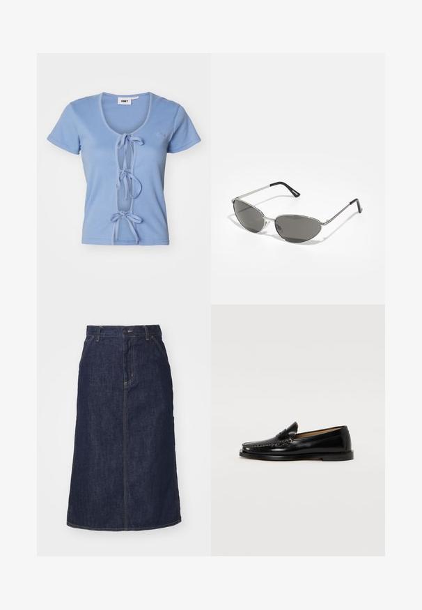 Svijetloplava majica s roibanim uzorkom i kratkim rukavima, s dubokim V-izrezom i prednjim vezanjem za prilagodbu. Ime brenda je izvezeno na prsima.; Temna denim krila z visokim pasom, ravnega kroja, sprednjimi žepi in šivanimi šivi. Ima zadrgo in gumb za zapiranje na pasu.; Črne usnjene loaferske čevlje z zaobljenim prstom, okrasnim šivom in ravnim podplatom. Gladka tekstura in minimalističen dizajn.; Sončna očala z elegantnim srebrnim kovinskim okvirjem, sivi zasenčeni leči in aerodinamičnim oblikovanjem, ki vključuje ostri robovi in tanke ročke.; Črna prešita torba z veliko odprtino, ukrivljenimi oblikami na površini in oznako z rumenim in belim besedilom spredaj.