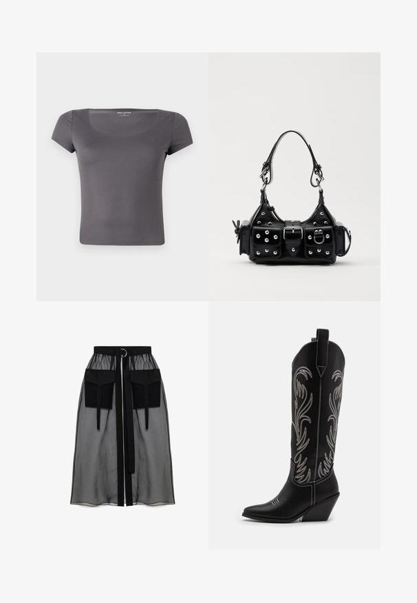 Pelēka īsām piedurknēm T-krekls ar noapaļotu kakla izgriezumu, izgatavots no gludas, elastīgas auduma. Iecienīta dizaina ar pieguļošu fasonu un diskreto logo.; Melnā caurspīdīgā svārka ar salikto jostasvietu, kas ietver divas lielas priekšējās kabatas, jostas saitīti un apaļu metāla akcentu.; Melnas ādas kovboju zābakus ar norādītām pirkstiem, sānām paceltu papēdi un sudraba izšūtām ziedu rakstiem gar zābaka kāju. Kontrasta dūrieni visā zābakā.; Melnas ādas rokturmais ar izliekumu, ar sudraba iedurtiem, sprādzi un divām sānu kabatām. Regulējams siksniņas garums dažādām nēsāšanas iespējām.