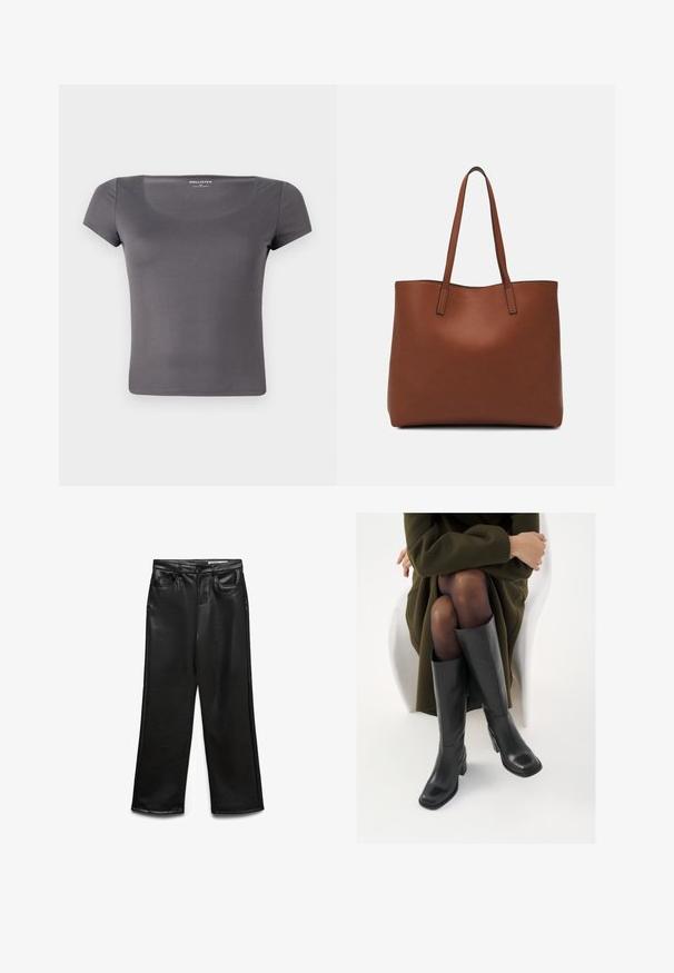 T-shirt cinza de mangas curtas com decote redondo, feita de um tecido liso e elástico. Apresenta um design ajustado e um logótipo discreto.; Calças largas de imitação de couro preto com bolsos frontais, passantes para cinto e brilho subtil. Textura suave e ajuste personalizado.; Botas de couro pretas até ao joelho com biqueira quadrada e salto em bloco, apresentadas com um modelo sentado num casaco verde-azeitona. Textura lisa, com detalhes mínimos.; Bolsa tote de couro castanho com uma textura suave, design de abertura superior e duas alças para o ombro. Apresenta costura mínima e sem hardware visível.
