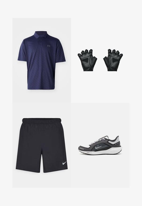 Polo de color azul marino hecho de tejido transpirable, con un patrón geométrico texturizado y una tapeta de tres botones. Pequeño logo en el pecho.; Pantalones cortos deportivos negros hechos de un material ligero con una cintura elástica. Presenta un pequeño logo blanco de Nike en la parte inferior izquierda.; Zapatilla deportiva negro y gris con parte superior de malla, acentos reflectantes y una entresuela blanca. Presenta una suela de goma texturizada y cordones.; Guantes sin dedos de color negro hechos de cuero texturizado con acentos acolchados y costuras reforzadas. Dedos abiertos para mejorar el agarre y la destreza.