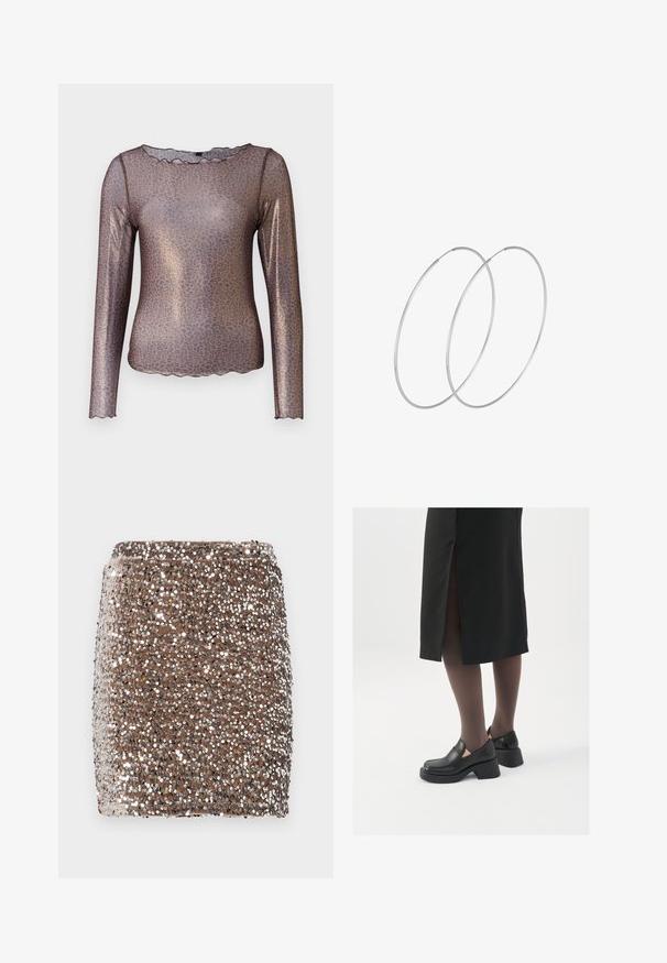 Brązowa bluzka z długim rękawem, w leopardzi wzór, błyszcząca w dotyku, z wycięciem o falistym kształcie. Wykonana z lekkiego, przejrzystego materiału.; Brązowa mini spódnica z cekinami o dopasowanym kroju, pokryta lustrzanymi srebrnymi cekinami, tworzącymi fakturowany, błyszczący efekt.; Czarne skórzane buty z okrągłym noskiem, grubym blokowym obcasem i elastycznymi akcentami po bokach, zestawione z ciemnymi rajstopami i czarną spódnicą z rozcięciem.; Srebrne kolczyki w formie obręczy o minimalistycznym designie. Okrągły kształt, gładka faktura i cienki profil. Lekkie, z polerowanym wykończeniem.