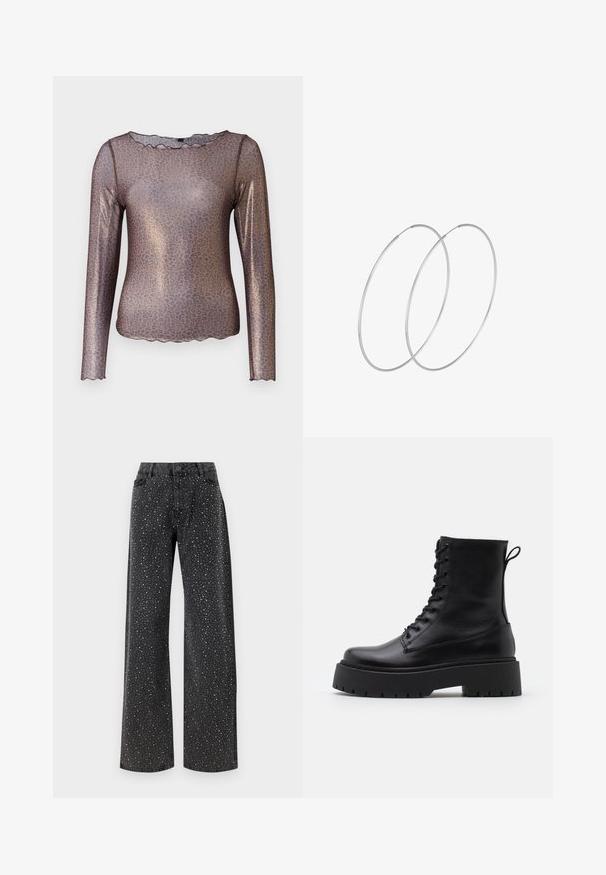 Braun langärmliges Oberteil mit einem Leopardenmuster, glänzender Textur und gewelltem Ausschnitt. Hergestellt aus einem leichten, durchsichtigen Material.; Noisy May NMJANNEL LOOSE - Jeans Relaxed Fit - black denim; Schwarze Lederstiefeletten mit runder Zehenpartie, Schnürung vorne und einer dicken Gummisohle mit strukturiertem Profil. Mit Zugschlaufe an der Rückseite.; Silberne Creolen mit minimalistischem Design. Rundform, glatte Oberfläche und dünnes Profil. Leichtgewichtig mit hochglänzender Oberfläche.