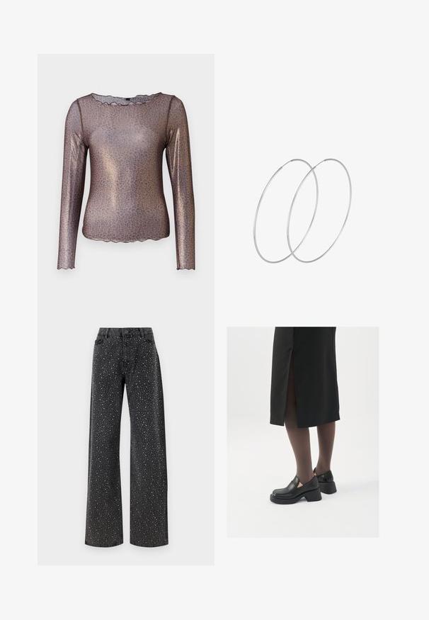 Bruine lange mouw top met een luipaardprint, glanzende textuur en gegolfde halslijn. Gemaakt van een lichtgewicht, doorzichtig materiaal.; Noisy May NMJANNEL LOOSE - Relaxed fit jeans - black denim; Zwarte leren schoenen met een ronde neus, dikke blokhak en elastische zijkanten, gecombineerd met donkere panty's en een zwarte rok met een split.; Zilveren hoepel oorbellen met een minimalistisch ontwerp. Cirkelvormig, gladde textuur en dun profiel. Lichtgewicht met een gepolijste afwerking.